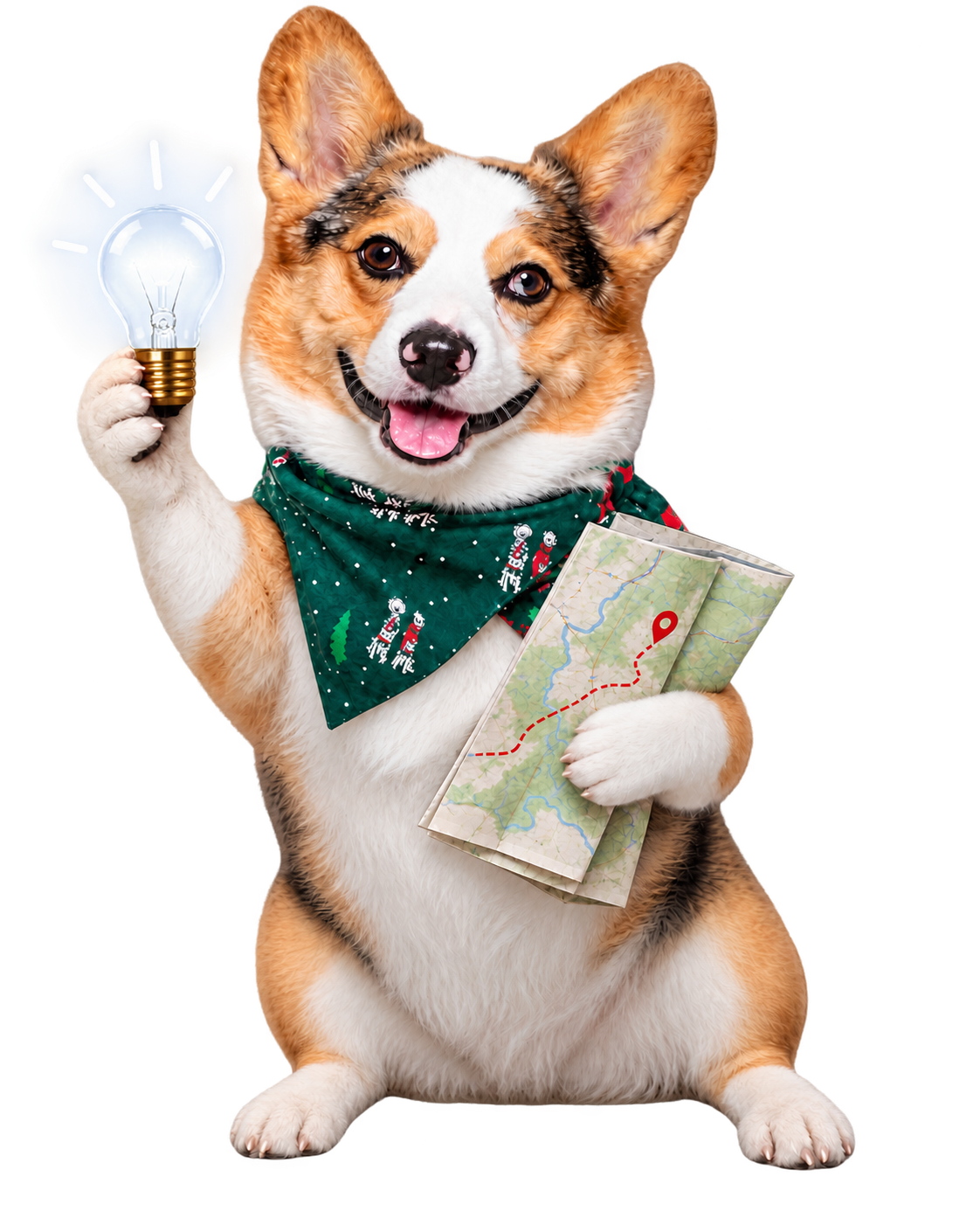 Corgi con bombilla y mapa