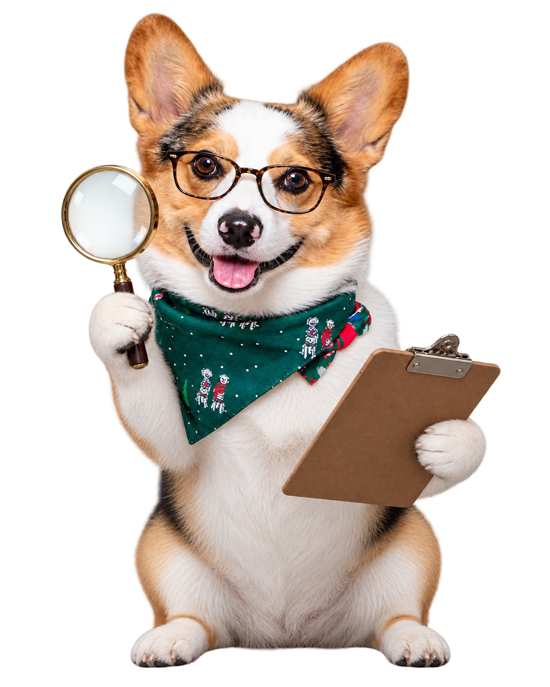 Corgi detective revisando opciones